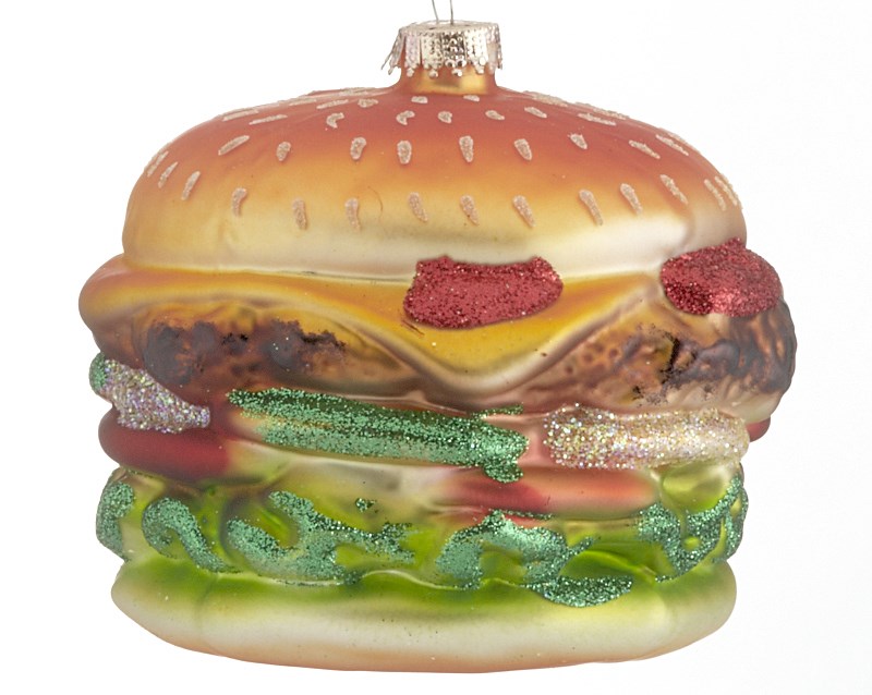 A grilled cheeseburger ornament with pickles, lettuce and tomato, just like a real classic cheeseburger! | OrnamentShop.com