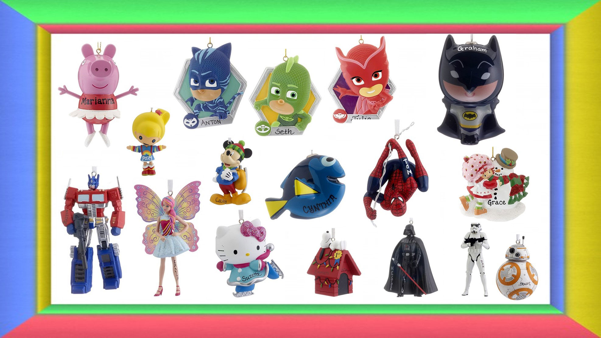 An assortment of kids cartoon ornaments including Hello Kitty, Transformers, Starwars, Finding Dori, and Batman. | OrnamentShop.com