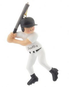 An ornament of a baseball player swinging a bat in a black and white uniform. | OrnamentShop.com
