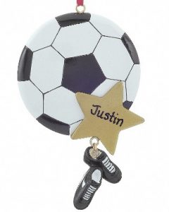 A soccer ball ornament with a gold star for the players name and a dangling pair of cleats. | OrnamentShop.com 