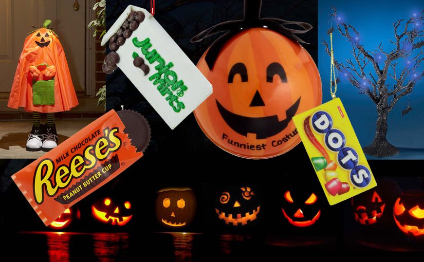 An assortment of Halloween ornaments including candy and jack-o-lanterns. | OrnamentShop.com