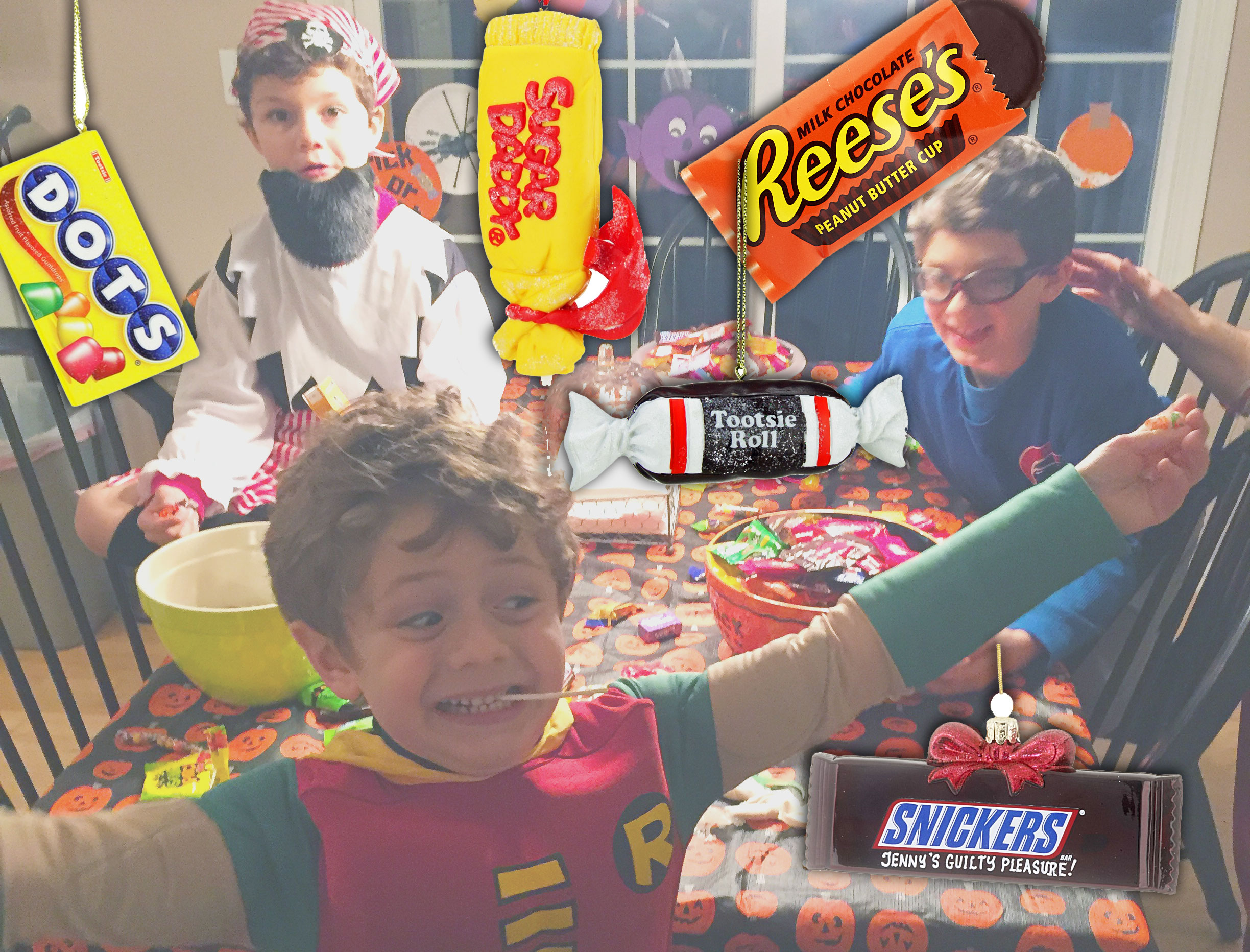 Three kids celebrate their bounty of the best Halloween candy. | OrnamentShop.com