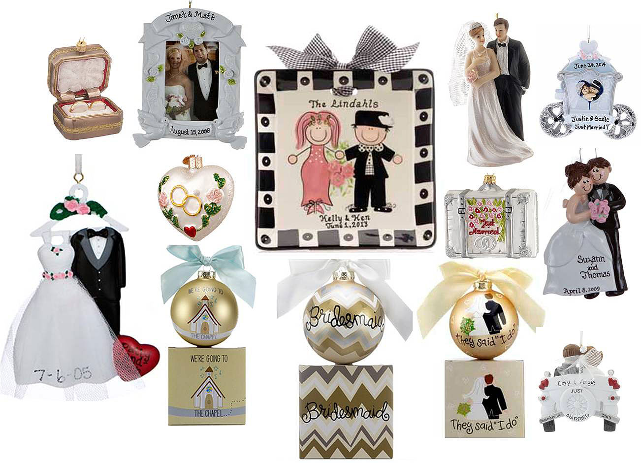 A collage of wedding ornaments found in the wedding section of Ornament Shop. | OrnamentShop.com