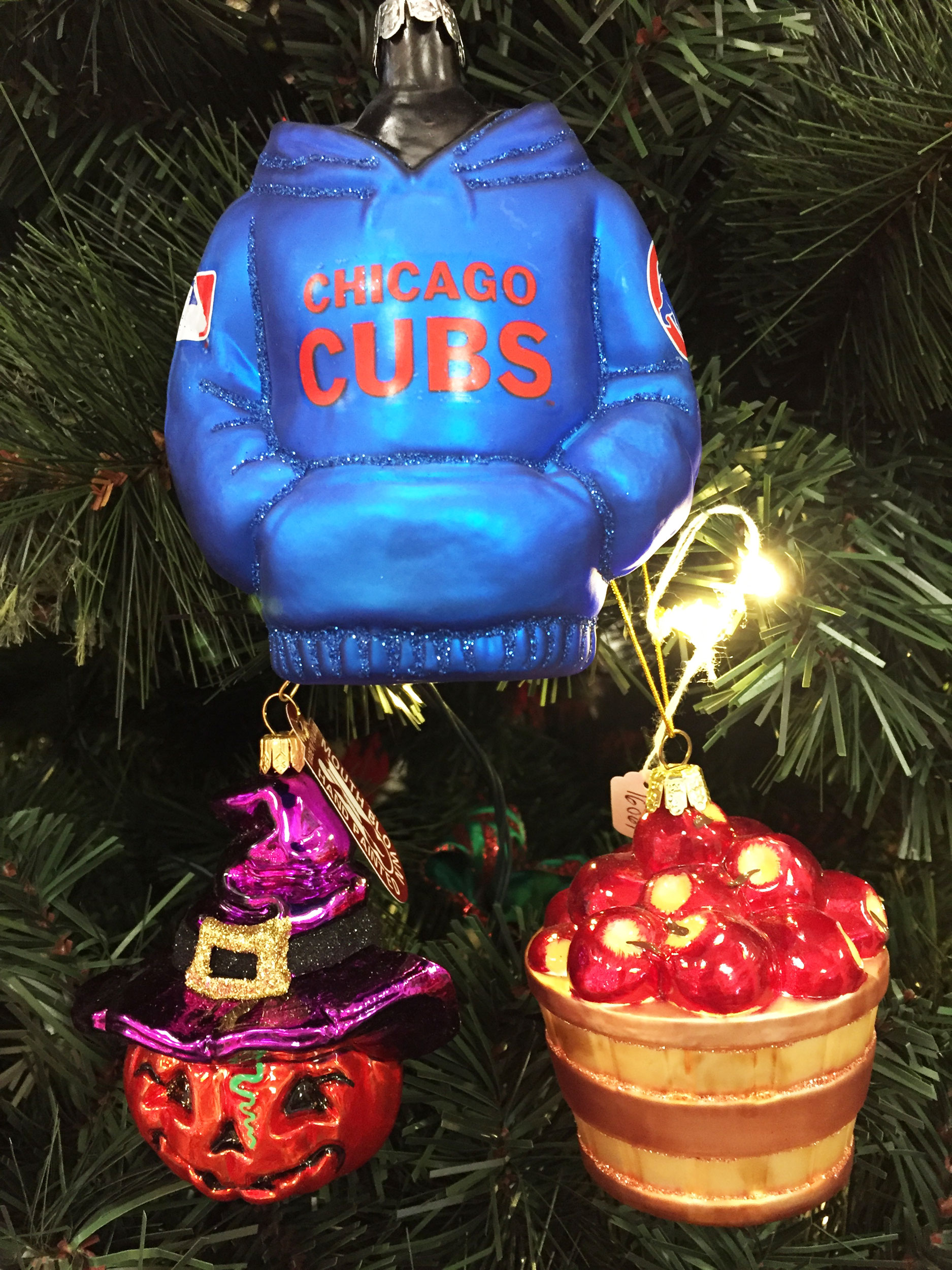 Ornaments of a Cubs hoodie, a carved pumpkin and a basket of apples celebrating the first day of fall. | OrnamentShop.com