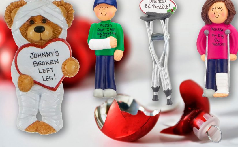 Ornaments to represent a loved one with a broken arm or leg, as well as a broken ornament. | OrnamentShop.com