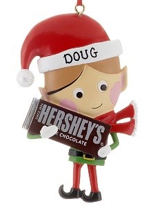 An ornament of an elf holding a giant chocolate Hershey bar. | OrnamentShop.com