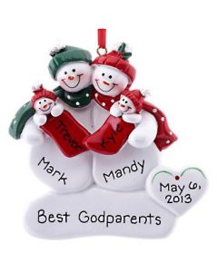 A resin ornament with snowman godparents holding twins. | OrnamentShop.com