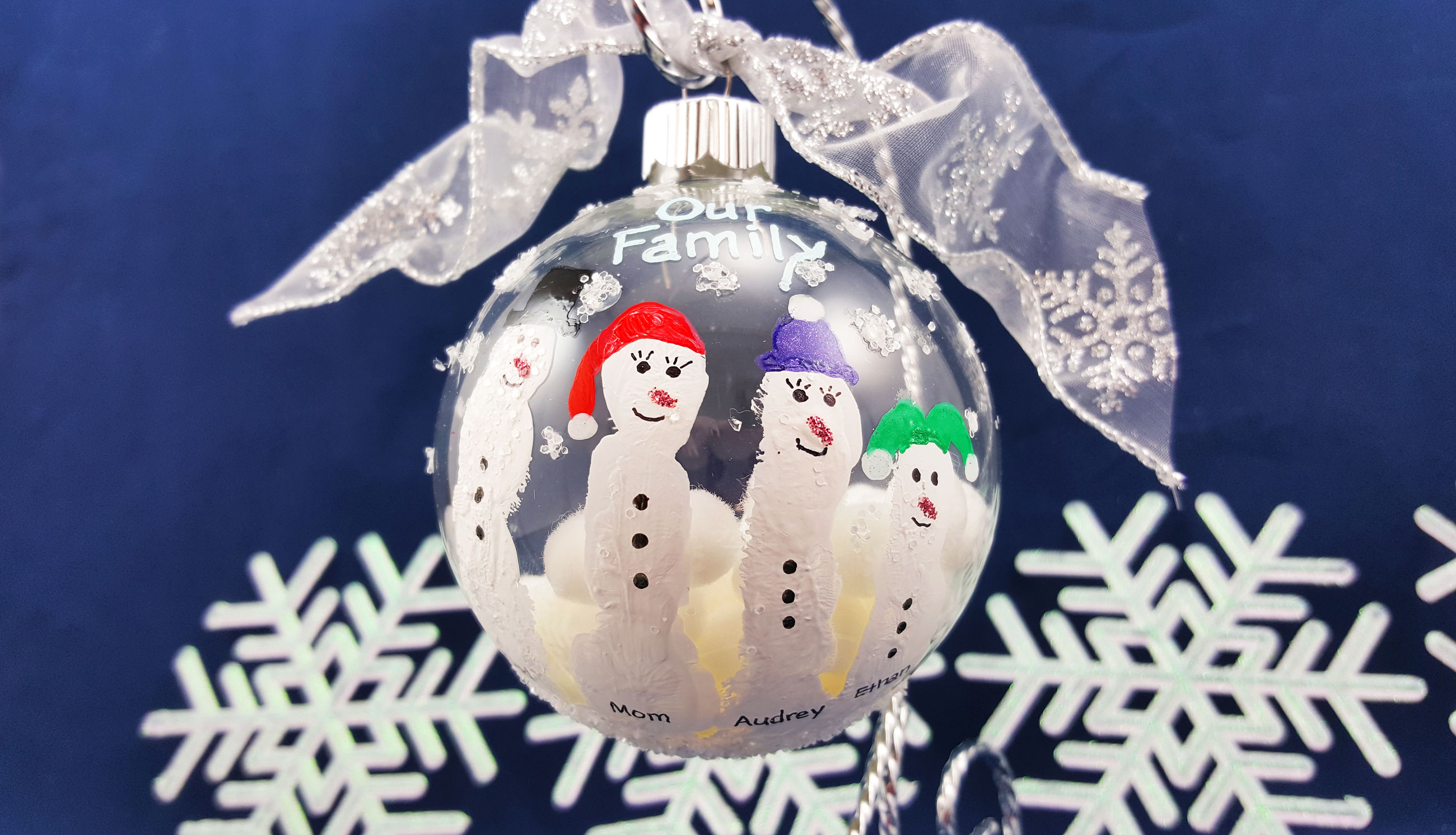 An adorable DIY snowman ornament for kids to make with finger painting, and has a snowman for each finger. | OrnamentShop.com