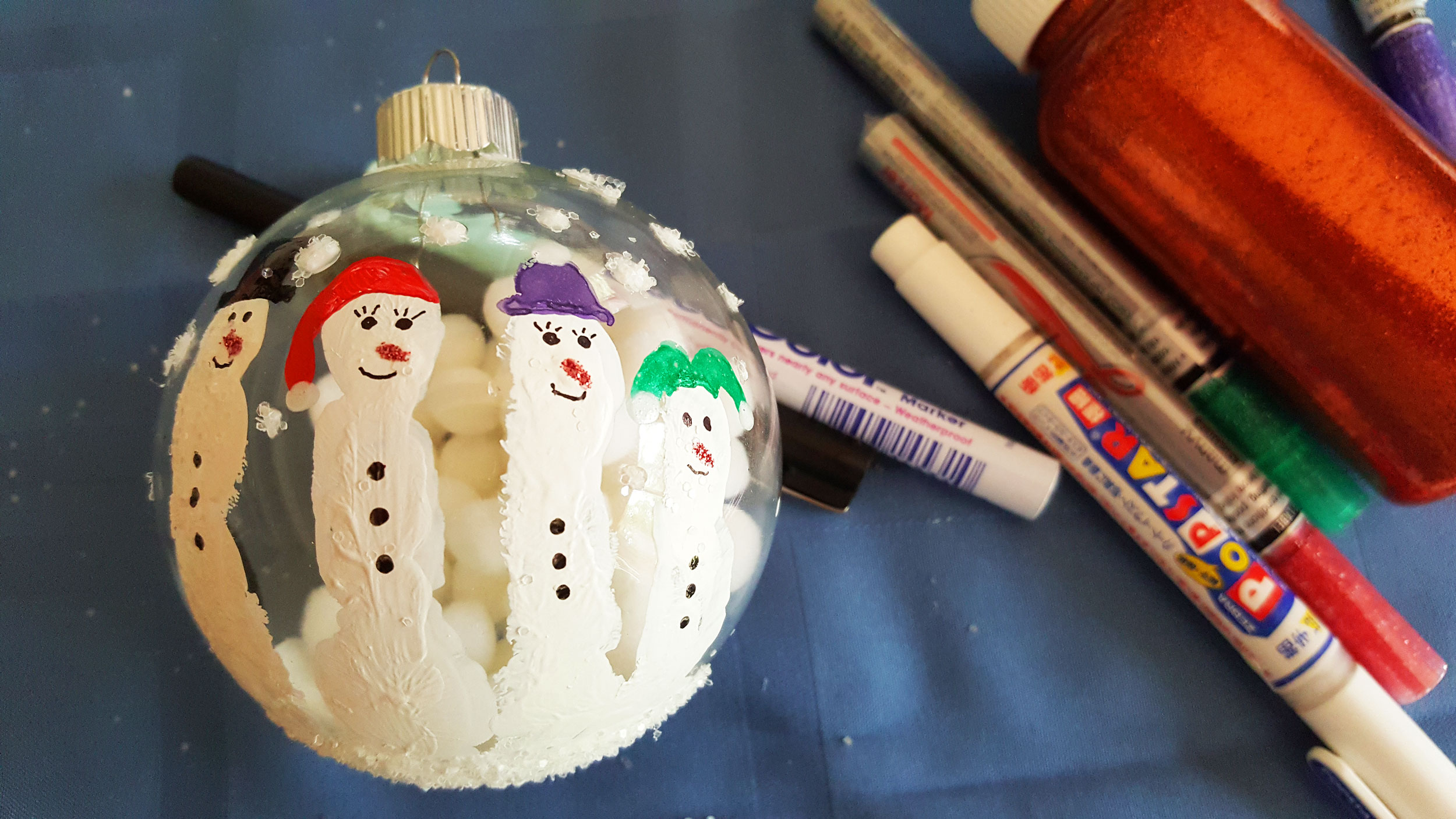 Step 7 is to personalize your snowmen by adding glue and shaking glitter, and by using colorful markers to add eyes, carrot noses and hats. | OrnamentShop.com