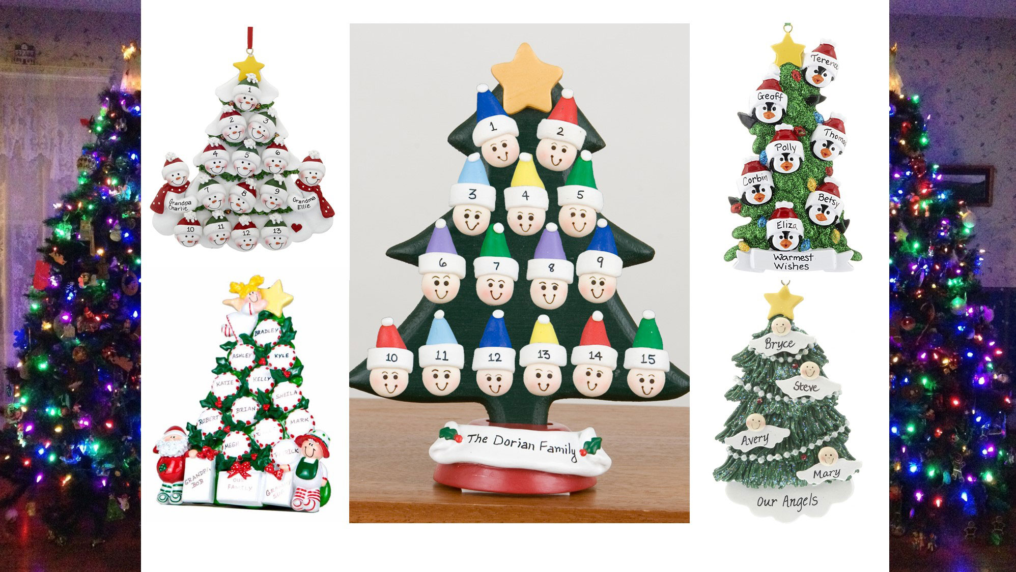 a collage of Christmas ornaments with trees and family members personalized on them. | OrnamentShop.com