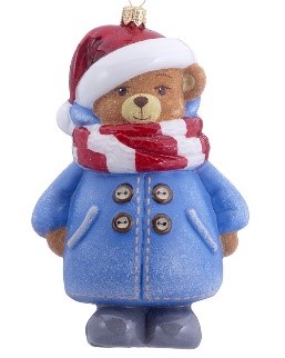 A bear ornament snuggled up for winter, wearing a blue coat and red and white hat and scarf. | OrnamentShop.com