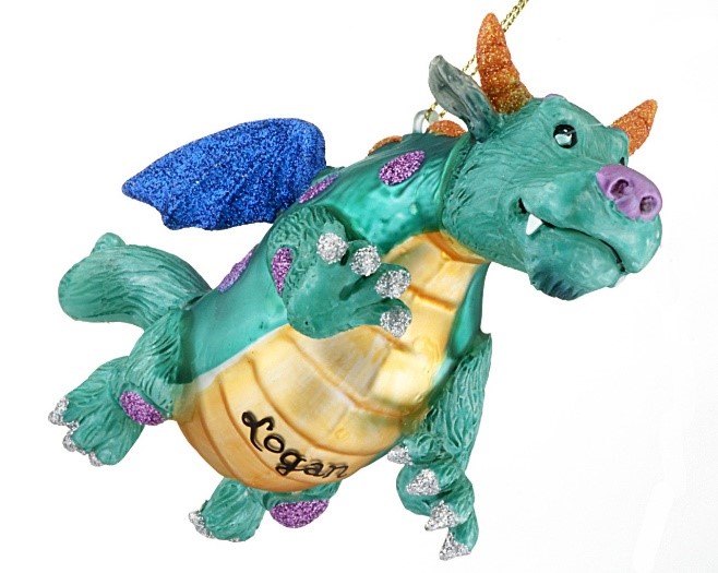 An ornament of a flying blue dragon with purple spots, horns, and a yellow belly. | OrnamentShop.com