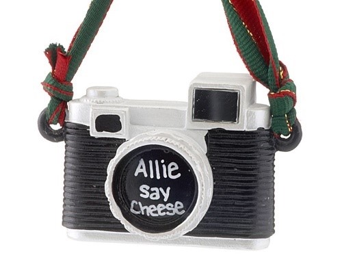 A miniature camera that can be personalized across the lens and hung on the Christmas tree. | OrnamentShop.com