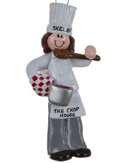 A chef ornament tasting the dish from a spoon and holding a cooking pot in the other hand. | OrnamentShop.com