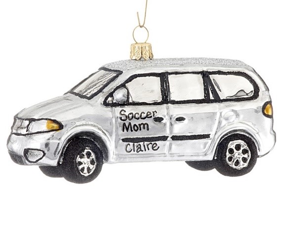 An ornament of a white minivan that can be personalized. | OrnamentShop.com