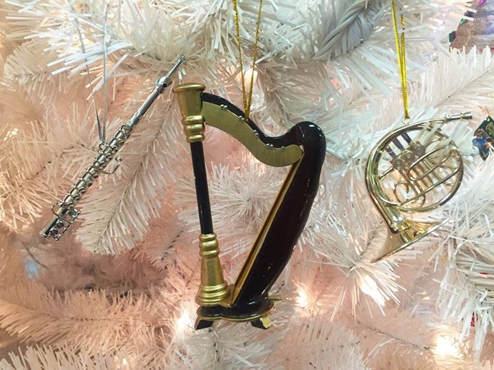 Musical instrument ornaments including a harp, flute, and french horn. | OrnamentShop.com