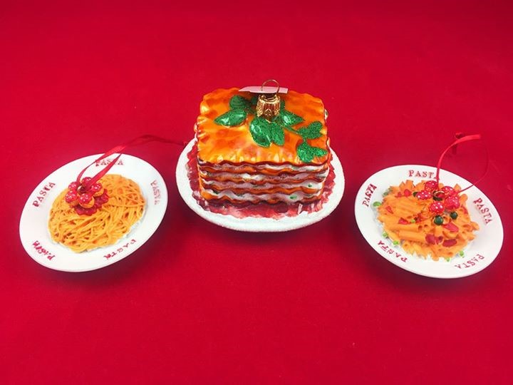 Three plates of pasta ornaments for National Pasta Day. | OrnamentShop.com