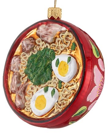 An ornament of a bowl of ramen noodles with hard boiled eggs, noodls, pork and seaweed. | OrnamentShop.com