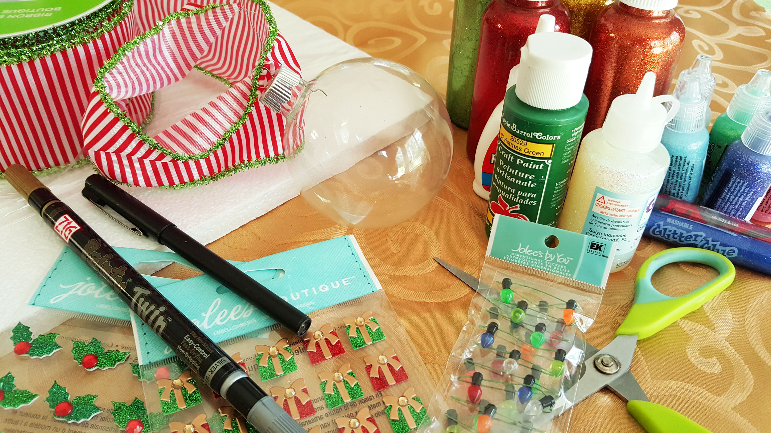 Christmas Tree ornament Supplies including glitter glue, paint, miniature lights, glue and stickers. | OrnamentShop.com