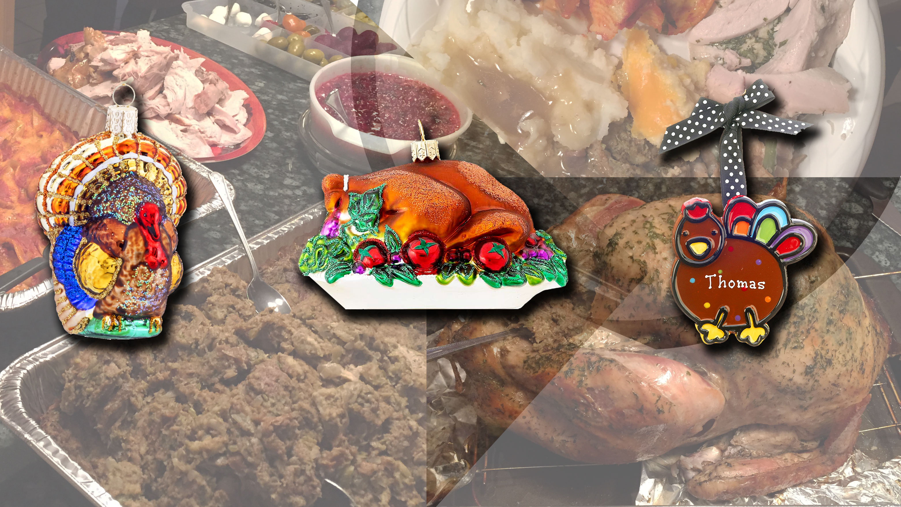 Three turkey ornaments to celebrate Thanksgiving, including a roasted turkey, a colorful live turkey, and a flat glass turkey. | OrnamentShop.com