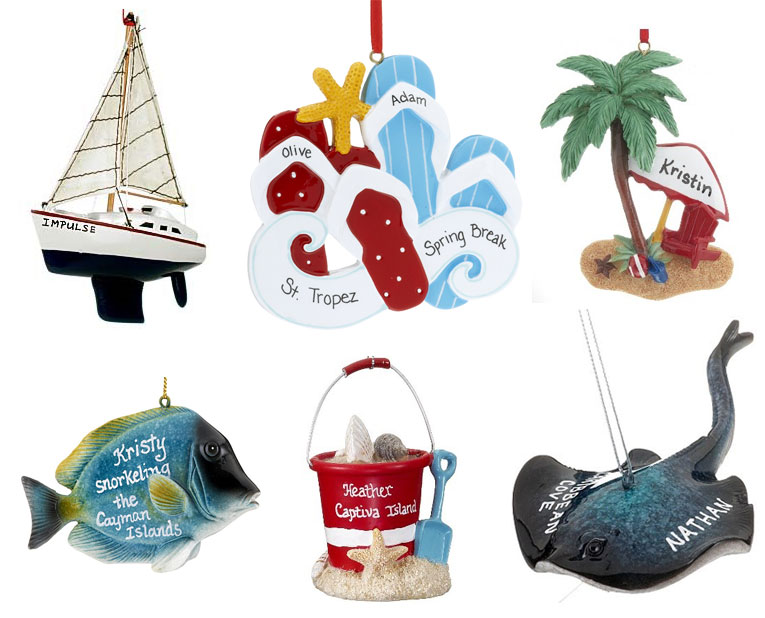 Ornaments including a wooden sailboat, flip flops, a palm tree, sand bucket, a realistic sea turtle and a realistic stingray are all perfect for a beach themed Christmas tree. | OrnamentShop.com