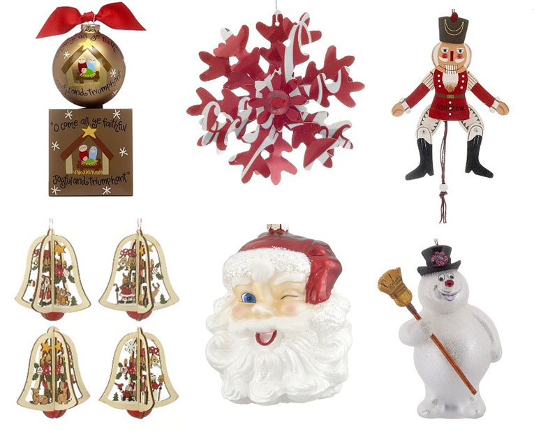 Ornaments including a recycled snowflake ornament from a Coca-Cola can, a Santa on Silk collectible, a Frosty the Snowman Ornament, wooden carved ornaments, and a jumping jack Nutcracker ornament, all perfect for a traditional or classic Christmas tree. | OrnamentShop.com
