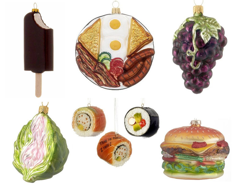 Polish glass ornaments of an ice cream bar, a plate of breakfast, grapes, an artichoke, sushi rolls and a cheeseburger all are perfect for a food themed Christmas tree. | OrnamentShop.com
