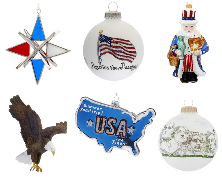 Ornaments including the American Flag, Uncle Sam as Santa, the shape of the US, and a Bald Eagle all make perfect ornaments for a patriotic themed Christmas tree. | OrnamentShop.com