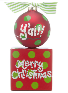 A red and green glass ball ornament that says Merry Christmas Y'all and fits perfectly on a western themed Christmas tree. | OrnamentShop.com