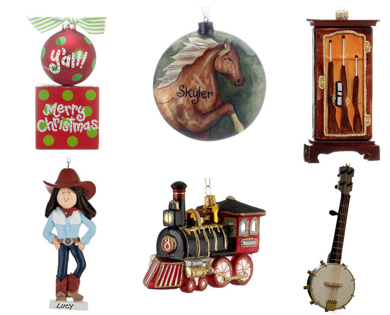Ornaments including a glass ball that says Merry Christmas Y'all, a disc with a brown horse running, a cowgirl that can be personalized, a gun cabinet, a train and a banjo are all perfect ornaments for a Western themed Christmas tree. | OrnamentShop.com
