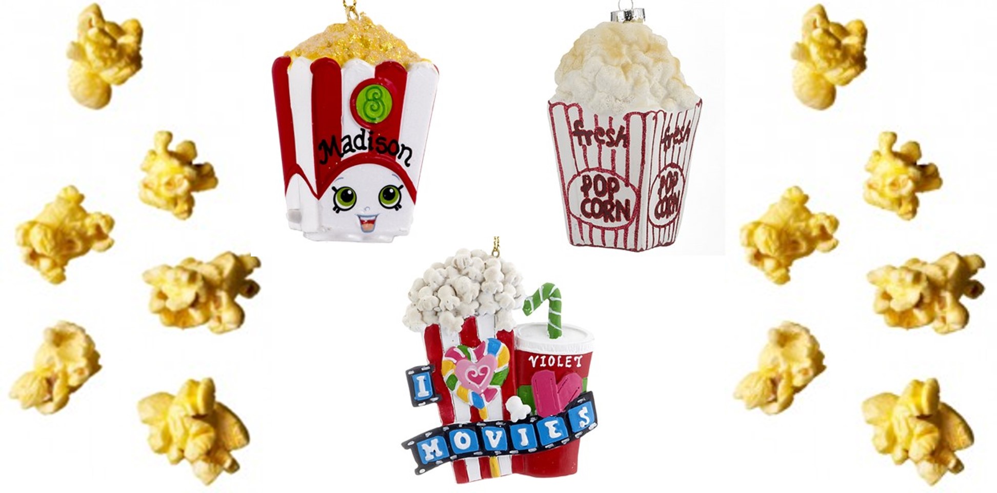 A collage of Popcorn Ornaments and Concession Stand symbols. | OrnamentShop.com