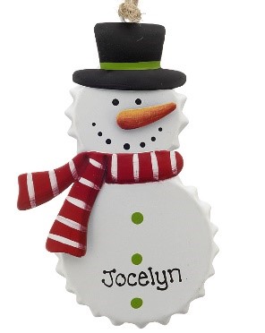 A snowman ornament made of bottle caps with a red scarf and black top hat. | OrnamentShop.com