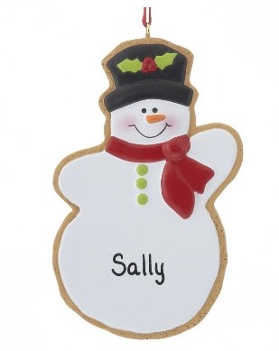 An ornament that looks like a sugar cookie with white icing and details for the snowman. | OrnamentShop.com
