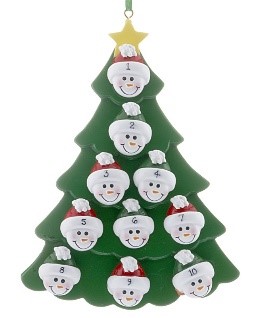 An ornament of a Christmas tree with 10 faces that can have names personalized on them. | OrnamentShop.com