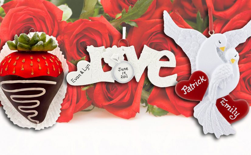 Three ornaments that represent Valentine's Day: the word Love, a dove with two hearts for names, and a chocolate covered strawberry. | OrnamentShop.com