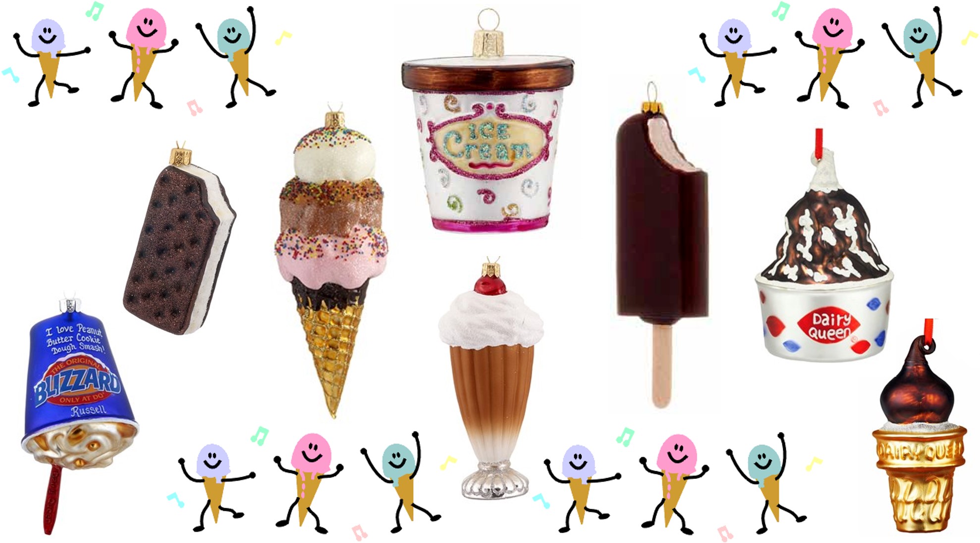 Ice Cream Ornaments available at OrnamentShop.com including a tub of ice cream, a chocolate ice cream bar, and a Blizzard from Dairy Queen. | OrnamentShop.com