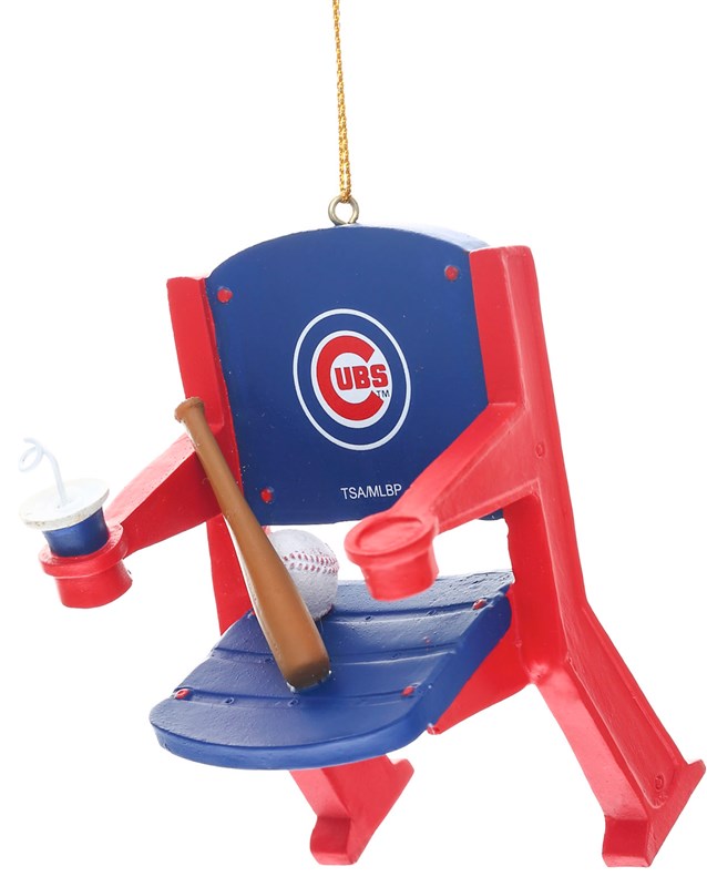 An ornament of a red and blue stadium chair with the Cubs logo. | OrnamentShop.com