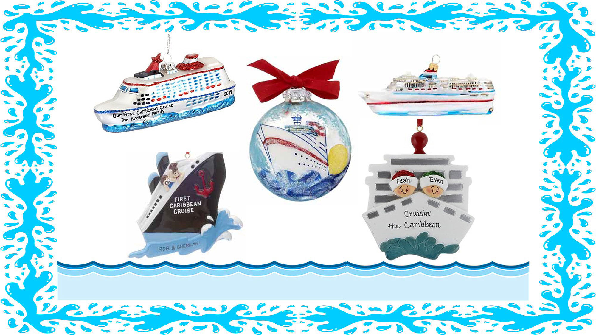 A variety of personalized cruise ship ornaments available at OrnamentShop.com.