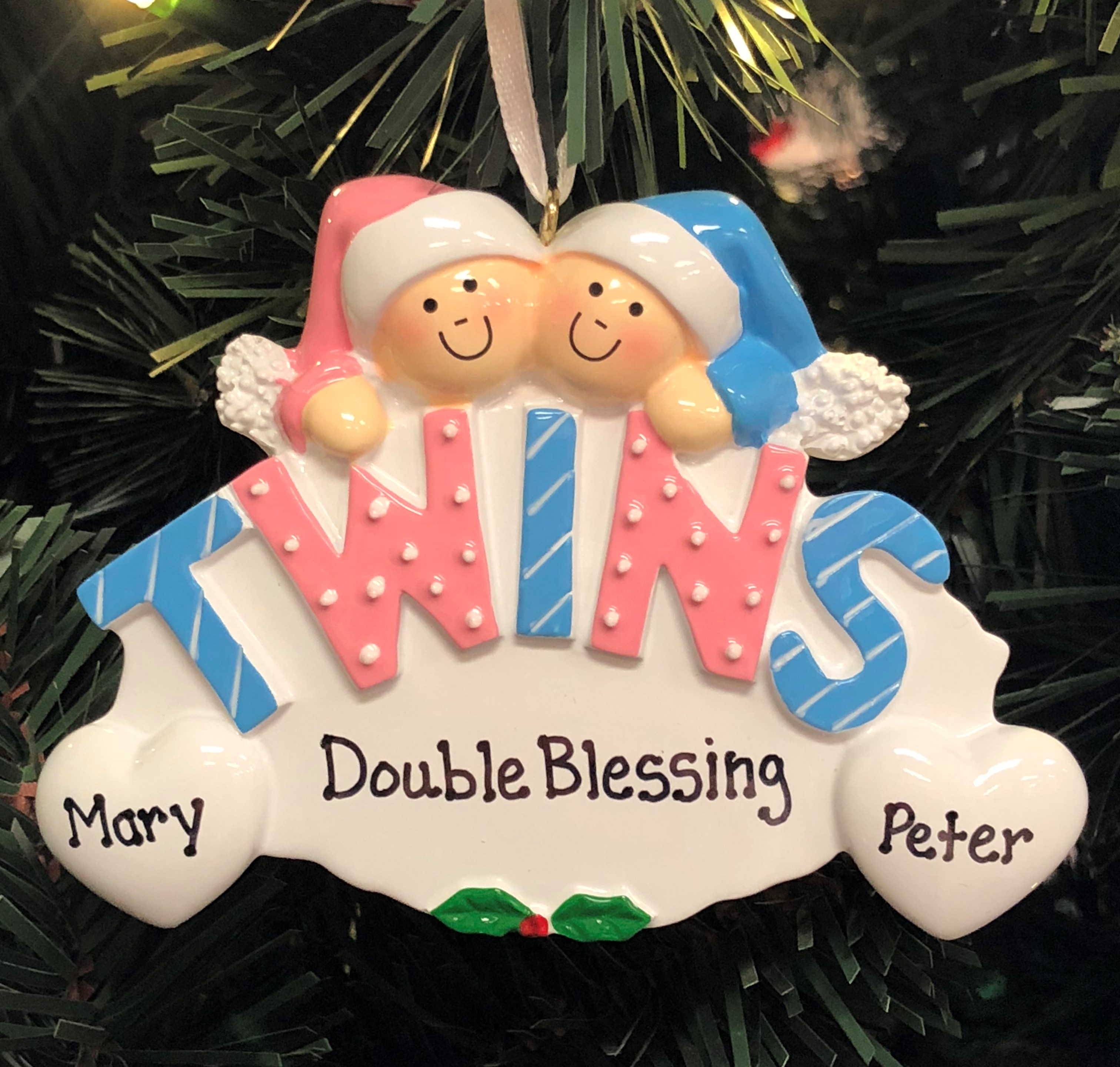 Twin Boy and Girl in Pink and Blue Christmas Ornament | OrnamentShop.com