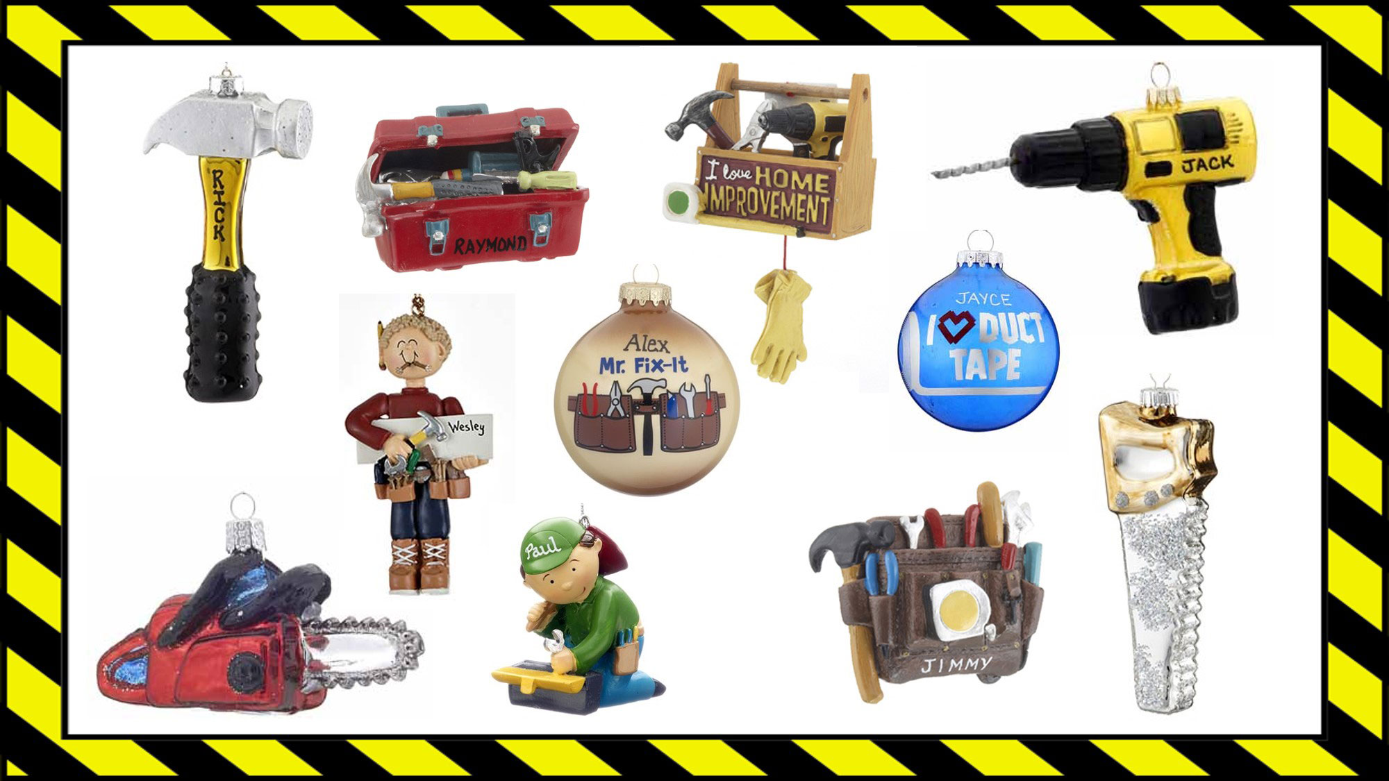 Ornaments for dads including construction worker, Mr. Fix It glass ball, hammer, chainsaw, and more tools. | OrnamentShop.com