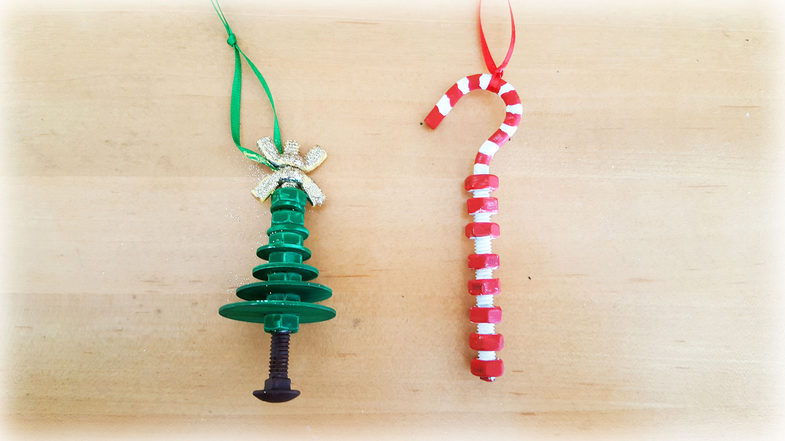 Father's Day DIY Crafts made with screws, nuts and bolts into a Christmas Tree and Candy Cane. | OrnamentShop.com