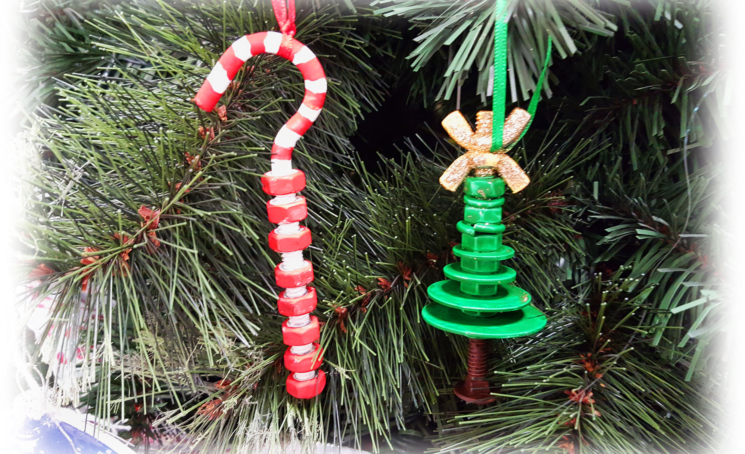 DIY candy cane and tree Christmas ornaments made with screws, nuts and bolts - perfect for Father's Day! | OrnamentShop.com