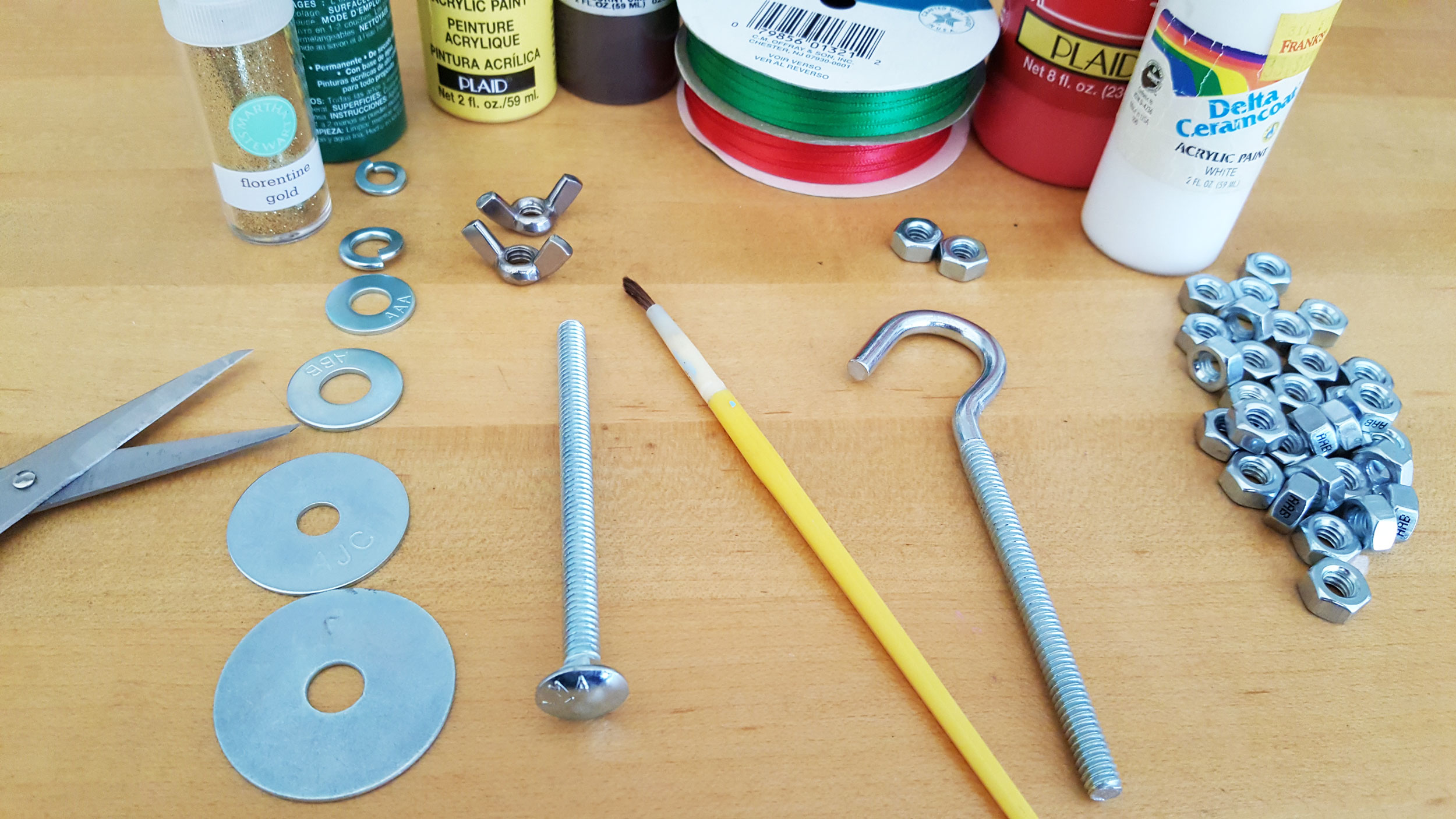 Father's Day Crafts Supplies including a long screw, nuts, wing nuts, hook screw, washers and paint. | OrnamentShop.com