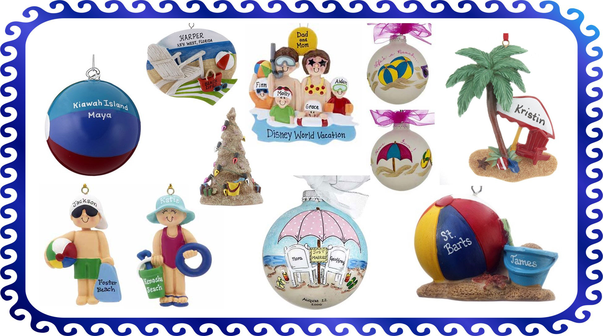 Collage of personalized beach ornaments at OrnamentShop.com | OrnamentShop.com