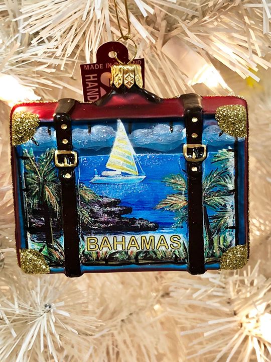 Personalized Bahamas ornament as a vacation suitcase keepsake. | OrnamentShop.com
