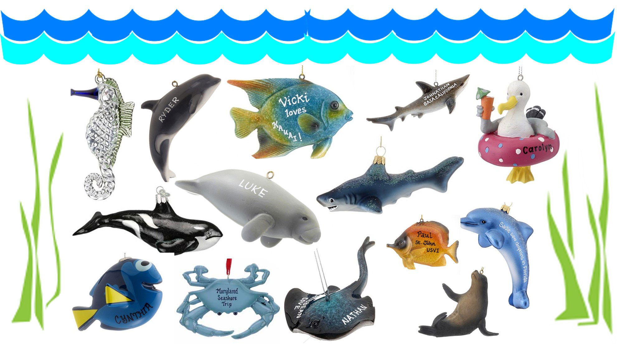 Various personalized fish and sea life ornaments. | OrnamentShop.com
