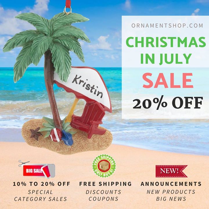 A Christmas in July banner featuring a beach chair under a palm tree. | OrnamentShop.com