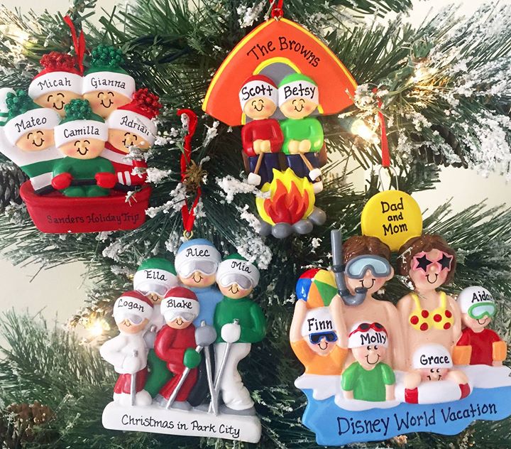 Family ornaments to personalize with everyone's names whether camping, skiing or heading to the beach. | OrnamentShop.com