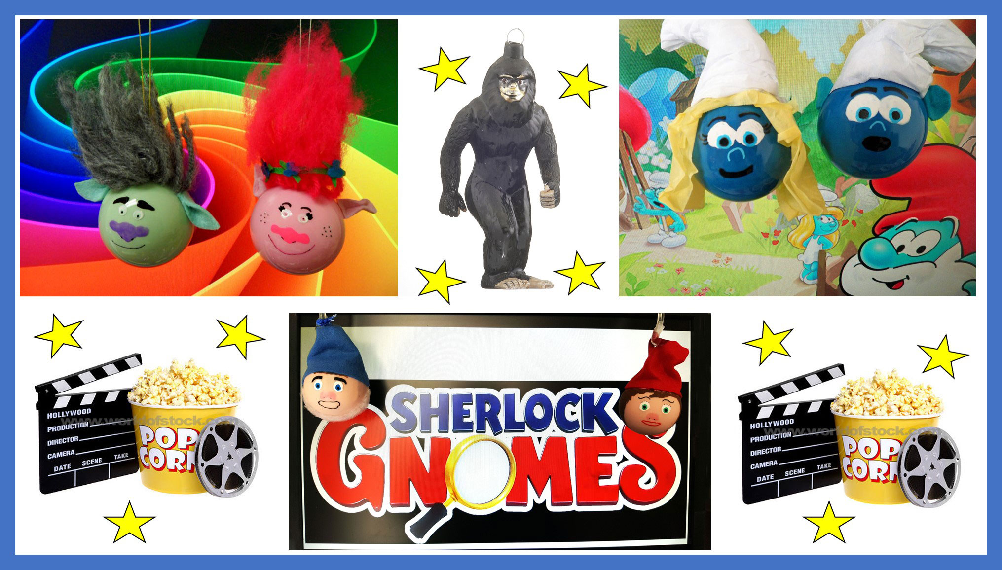 Kids movie ornament collage with Sherlock Gnomes, Smurfs and Trolls. | OrnamentShop.com