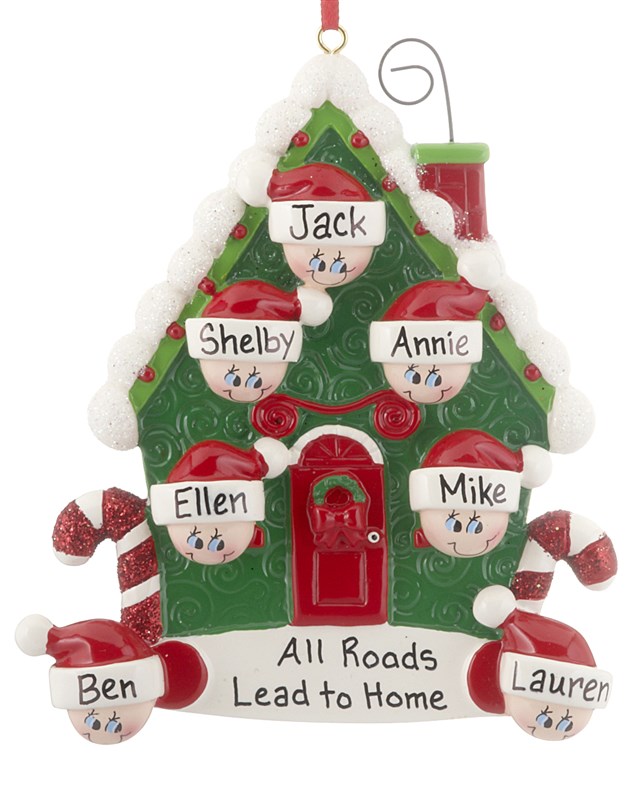 A green holiday home with 7 faces personalized with names. | OrnamentShop.com